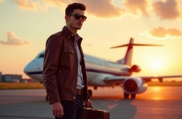 Business traveler in stylish leather jacket stands confidently near private jet at sunset
