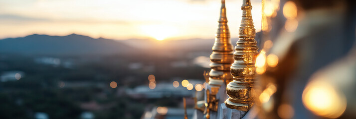 Gilded Temple Spikes at Sunset Over Landscape