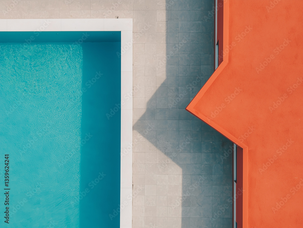 Poster Aerial view of modern pool with vibrant orange architecture casting shadows