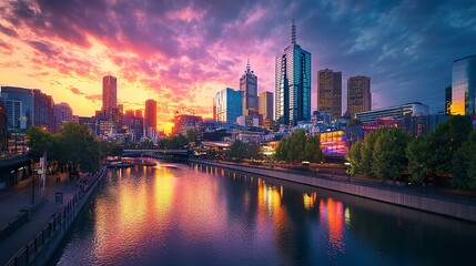 A stunning panorama of the capital city, its iconic skyline glowing with modern skyscrapers and neon signs, the heart of commerce and technology pulsing with activity, set under a radiant sunset sky. 