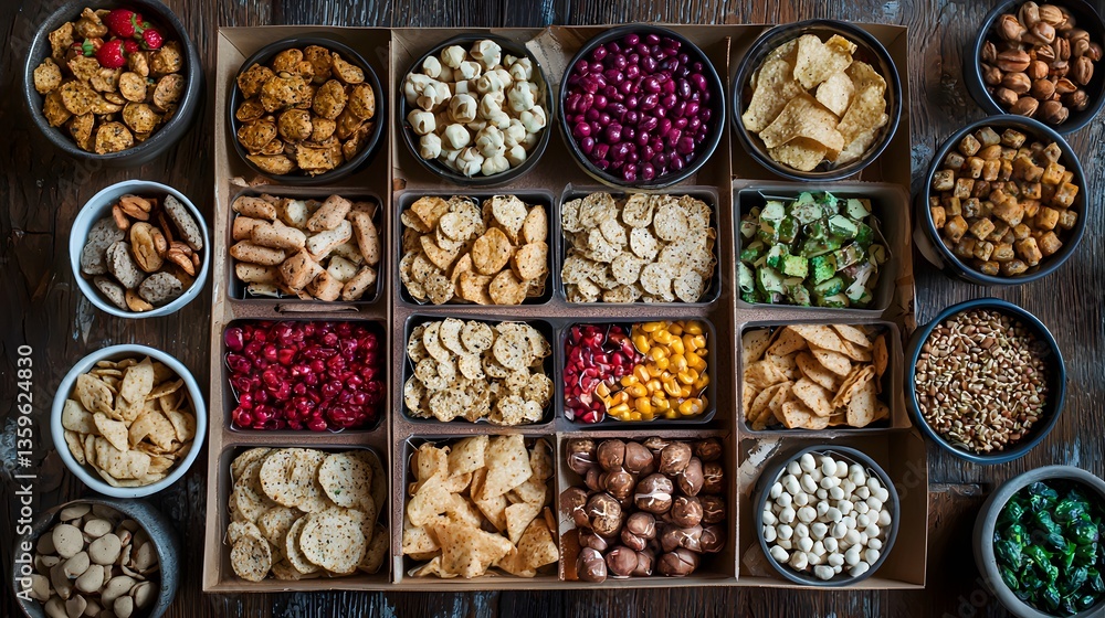 Poster a colorful array of tempting snacks presenting in bowls for a perfect vegan snack box ideal for shar