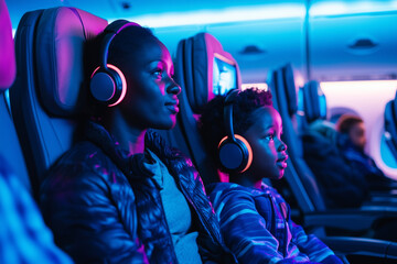 family enjoys airplane journey, wearing headphones and watching screens in dimly lit cabin