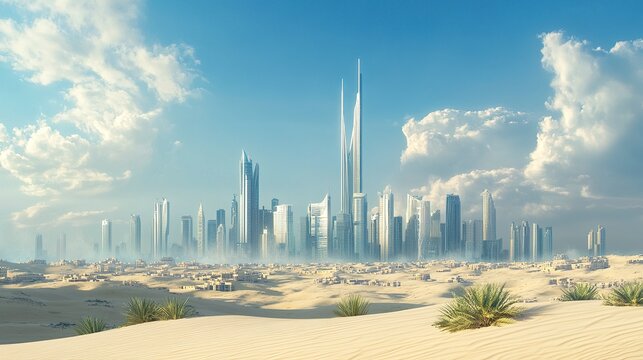 A stunning view of Riyadh cityscape, featuring iconic modern skyscrapers like the Kingdom Tower, their clean lines contrasting against a bright blue sky, framed by subtle desert hues in the foreground