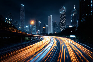Cityscape at night with light trails from cars speeding on a highway beneath illuminated skyscrapers.
