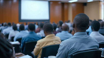 Fototapeta premium group of people attentively listening to presentation in seminar room