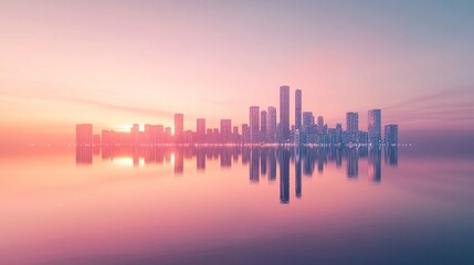 Obraz premium A stylish city skyline at dusk, pastel hues of peach, lavender, and soft blue illuminating the sunset, mirrored perfectly on the glassy water surface below 