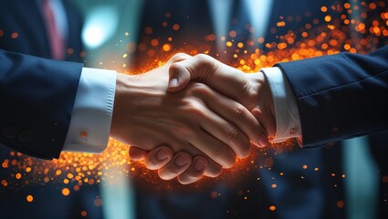 A futuristic concept of cyber diplomacy two glowing hands shaking made of digital particles