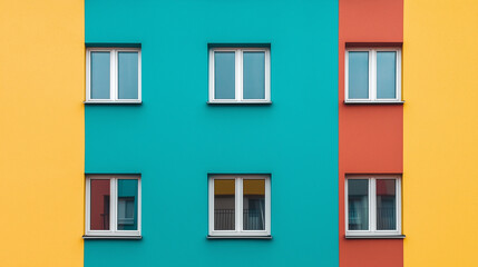 Fototapeta premium Colorful building facade with vibrant geometric design and windows