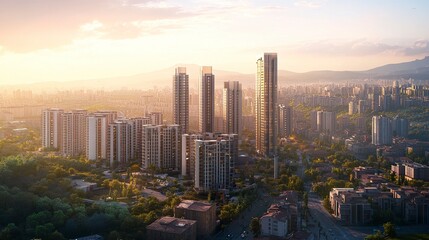 Obraz premium A sweeping cityscape showcasing a panoramic view of buildings in an urban area, sleek skyscrapers blending with traditional architecture, distant hills framing the horizon 