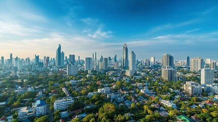 Fototapeta premium A sweeping aerial view of the city, with dynamic architecture ranging from towering skyscrapers to sprawling low-rise districts, a vibrant balance of urban life and natural features 