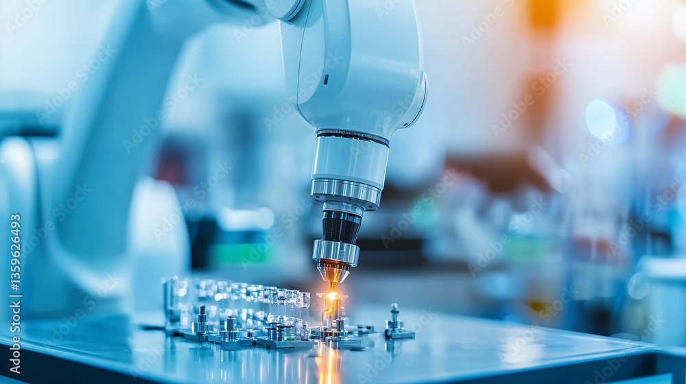 Poster robotic arm precisely assembles components in high tech laboratory setting