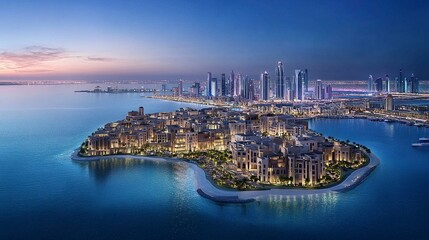 Naklejka premium A sweeping panorama of Doha at night, the skyline mix of modern towers and traditional architecture glowing brightly, the Gulf waters stretching calmly in the foreground 