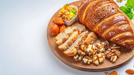 Delicious croissant served with nuts and fresh bread on a rustic wooden table for a gourmet experience