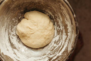 A round of dough lies in a metal bowl covered with leftover flour. The texture of the dough and the...