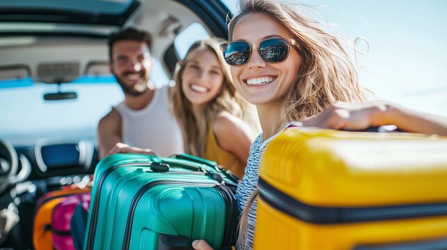 family joyfully prepares for road trip, loading colorful suitcases into their car
