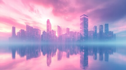 Fototapeta premium A tranquil city skyline with glass towers glowing in pastel sunset tones, their reflections shimmering softly on the water below, the scene framed by the fading light of dusk 