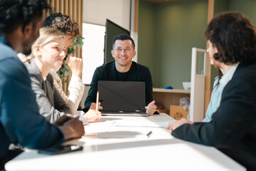 Professional Marketing Team, Diverse Colleagues and Businesswoman Collaborate Meeting, Brainstorming Ideas and Discussing Strategies for Project Planning, Working Together for Successful Corporate