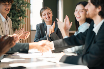 Successful Business Meeting, Professional Seminar with a Team of Businessmen and Businesswomen, Engaging in Productive Discussions, Presentations Strategic Planning to Enhance Corporate Communication