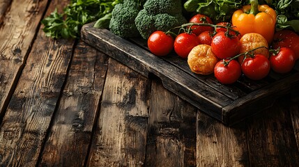 Rustic wooden crate filled with fresh tomatoes and broccoli promoting healthy eating and weight-loss meal services