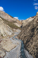 Marsjandi-Khola river valley. Annapurna circuit trek. Himalayan mountains of Nepal