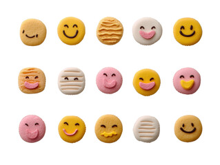 Fototapeta premium Colorful smiley face cookies, white isolated background