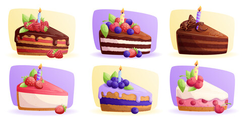 A set of pieces of various cakes with candles. The concept of pastry shop, baking, holiday, birthday. Isolated vector illustration for the design of postcards, posters, banners and posters.