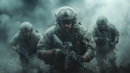 Fototapeta premium A group of armed and armored soldiers advancing through a smoky foggy battlefield prepared for intense combat and ready to carry out their military mission