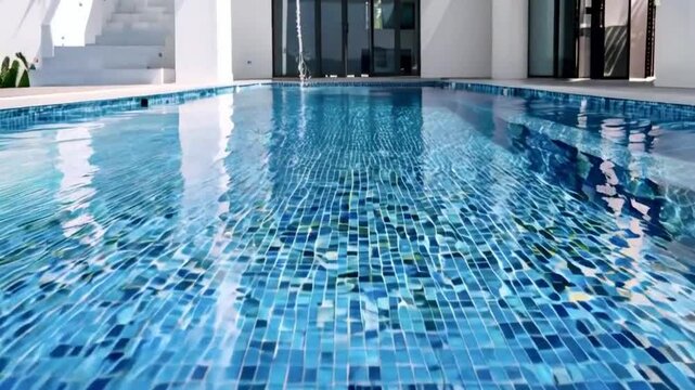 Luxury swimming pool with tropical plants and stone path. Poolside patio in mediterranean villa. Backyard view with sundeck, chaise lounges and garden. Holiday resort hotel.