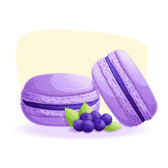 Delicious French blueberry macaroons. The concept of confectionery, cakes, pastries, cooking, confectionery. Isolated vector illustration for the design of menus, posters, banners, covers