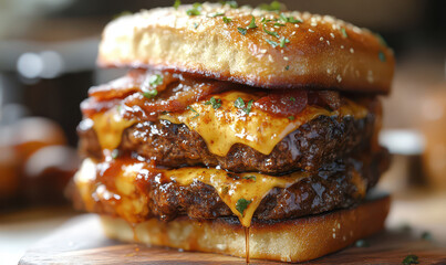 Double-Decker Melted Cheese Burger with Crispy Bacon and Grilled Toasted Buns


