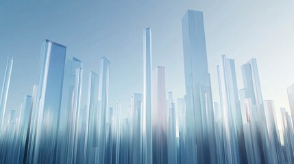 Obraz premium Abstract minimalist city skyline composed of vertical glass bar charts, reflective surfaces catching hints of the gradient blue sky, soft shadows creating depth 