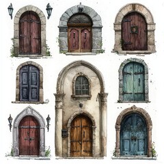 Obraz premium Watercolor stone doorway with arched design and weathered texture on white background, symbolizing historic charm. Perfect for architectural art, vintage decor, and fantasy themes.