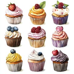 Watercolor cupcakes topped with berries and swirls of frosting on white background, symbolizing sweet celebration. Perfect for bakery design, dessert menus, and festive illustrations.