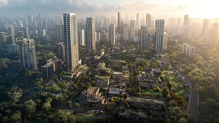 Obraz premium Aerial cityscape of Pune featuring sleek skyscrapers amidst hazy skies, clusters of trees adding vibrant green patches, modern and traditional architecture coexisting 