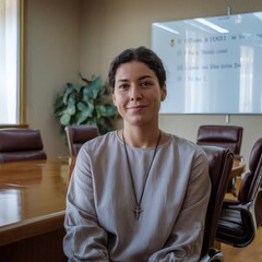 Trabajadora de oficina. Tiene una sonrisa radiante.