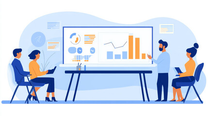 Fototapeta premium A company operations manager leads a business meeting using a TV screen to present growth analyses, charts, and statistical data, fostering team collaboration in a corporate office