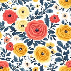 Floral Seamless Pattern Red, Yellow Flowers, White Background, Textile Design