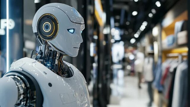 A modern humanoid robot with advanced design and artificial intelligence standing in a retail store. The robotic figure symbolizes the integration of technology and automation in customer service 