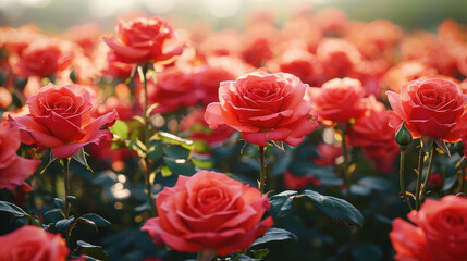 Fototapeta premium A vibrant field of blooming red roses showcasing nature's beauty in full splendor.