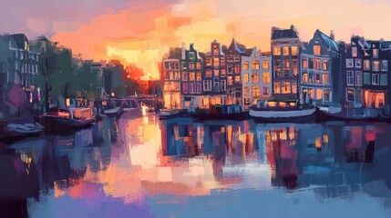 Fototapeta premium Amsterdam canal houses at sunset, with rich pastel tones blending in the sky, their charming facades mirrored in the vibrant reflections on the water, stylized with soft brushstrokes 