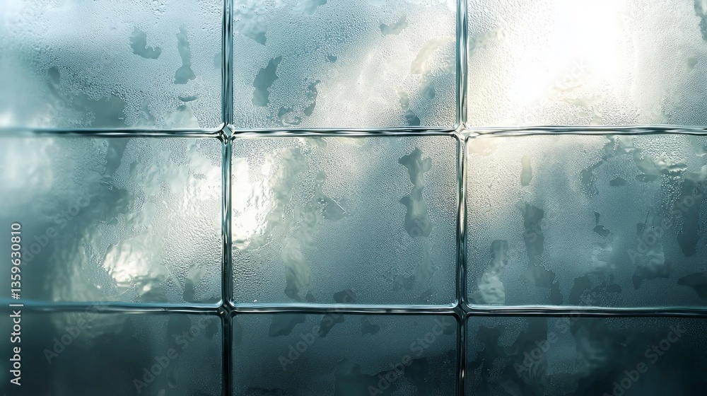 Poster frosted glass blocks reveal a blur of soft light filtering through, softened by condensation. the dr