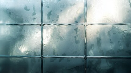 Frosted glass blocks reveal a blur of soft light filtering through, softened by condensation. The droplets cling delicately, creating a tranquil atmosphere that invites reflection