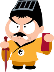 Chinese taoist priest getting ready to subdue Chinese vampires with a wooden sword and talisman