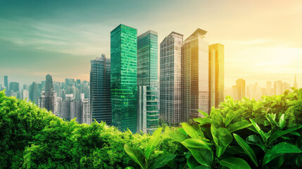 A corporate ESG reporting concept featuring business buildings and green elements, emphasizing environmental sustainability with space for customizable text