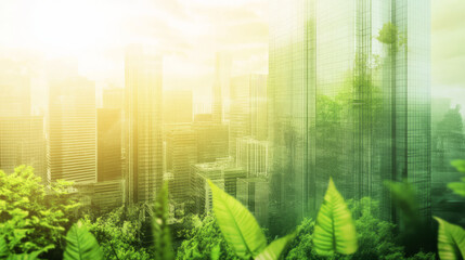 A corporate ESG reporting concept featuring business buildings and green elements, emphasizing environmental sustainability with space for customizable text