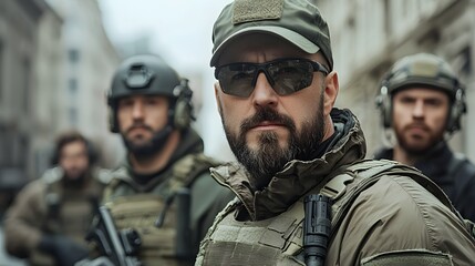Fototapeta premium A group of highly trained and well equipped military personnel dressed in tactical uniforms and protective gear