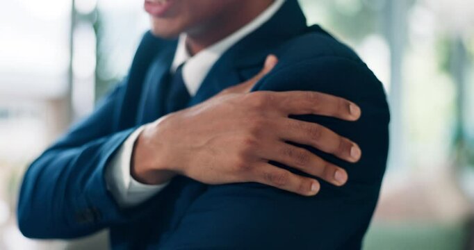 Accident, hand and shoulder pain with business person in office for massage or relief closeup. Fatigue, injury or tendinitis and corporate employee in workplace with inflammation or muscle swelling