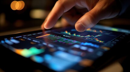 Investor Analyzing Financial Reports on a Tablet Screen at Night