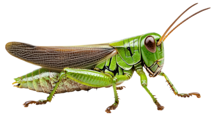 Detailed image of a green grasshopper with visible wings and antennae