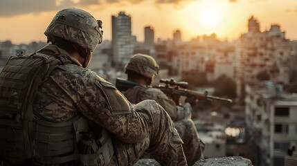 A group of heavily equipped military personnel standing vigilantly on an urban rooftop overlooking the cityscape as the sun sets in the distance